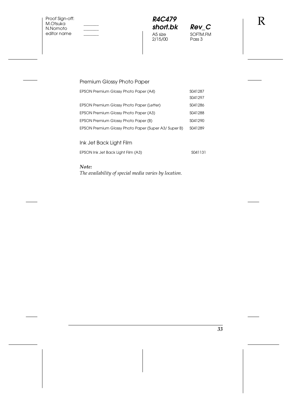 Premium glossy photo paper, Ink jet back light film, R4c479 short.bk rev_c | Epson 1270 User Manual | Page 39 / 83