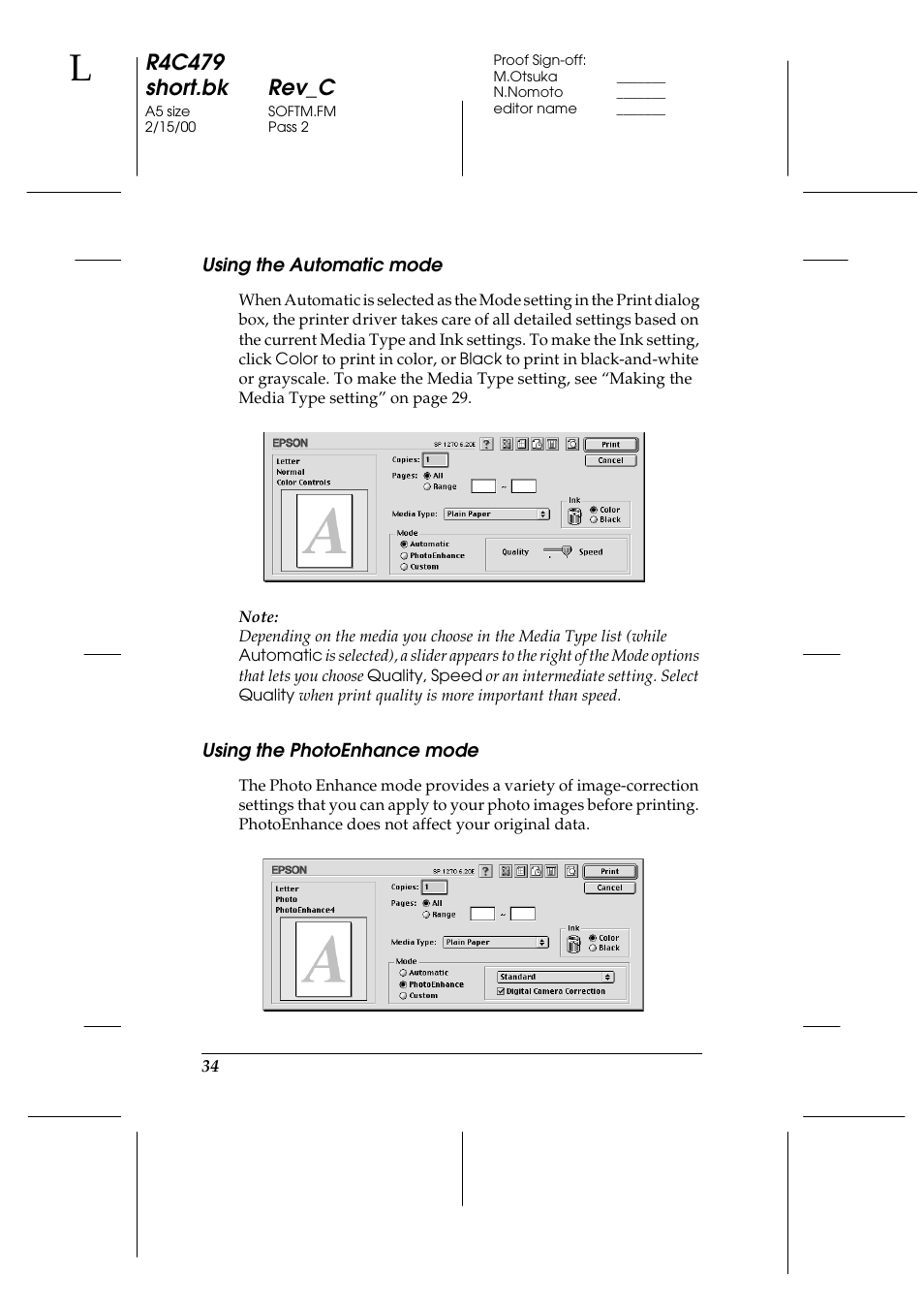 Using the automatic mode, Using the photoenhance mode, R4c479 short.bk rev_c | Epson 1270 User Manual | Page 40 / 83