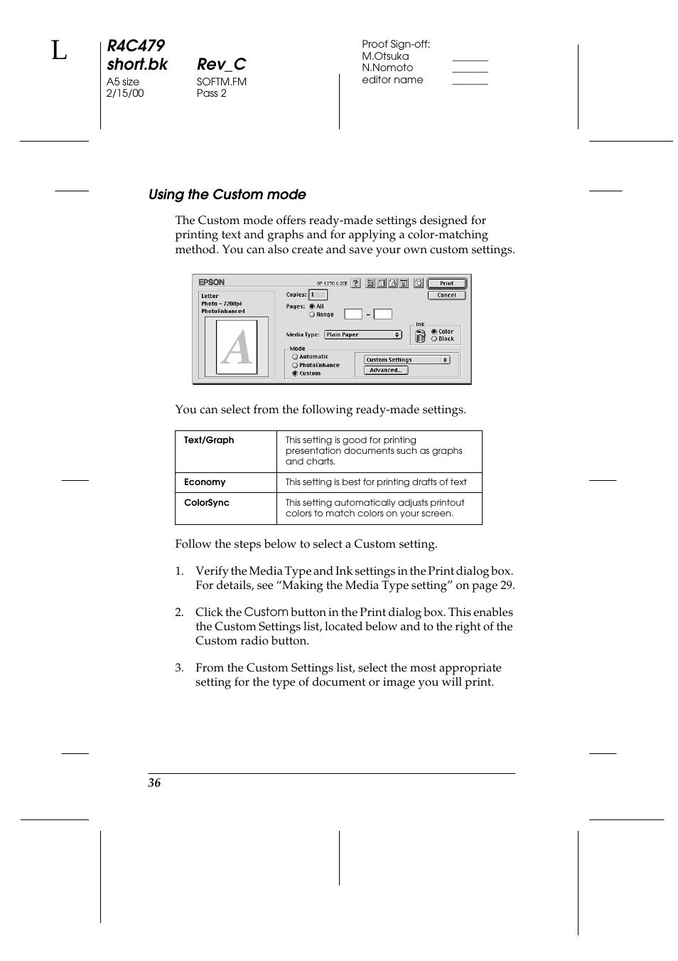 Using the custom mode, R4c479 short.bk rev_c | Epson 1270 User Manual | Page 42 / 83