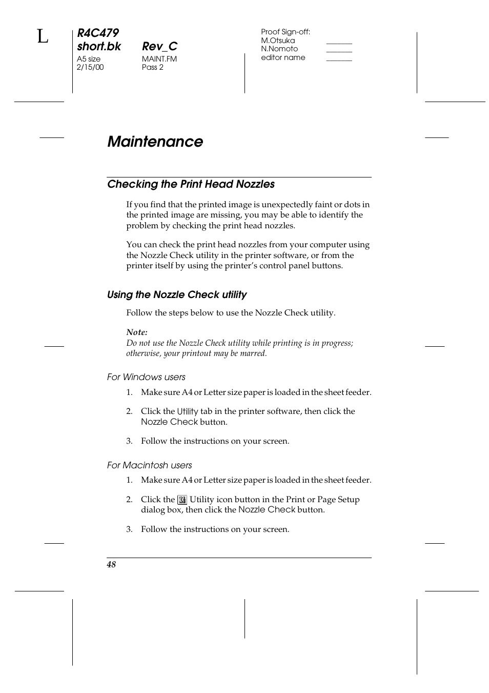 Maintenance, Checking the print head nozzles, Using the nozzle check utility | For windows users, For macintosh users, R4c479 short.bk rev_c | Epson 1270 User Manual | Page 54 / 83