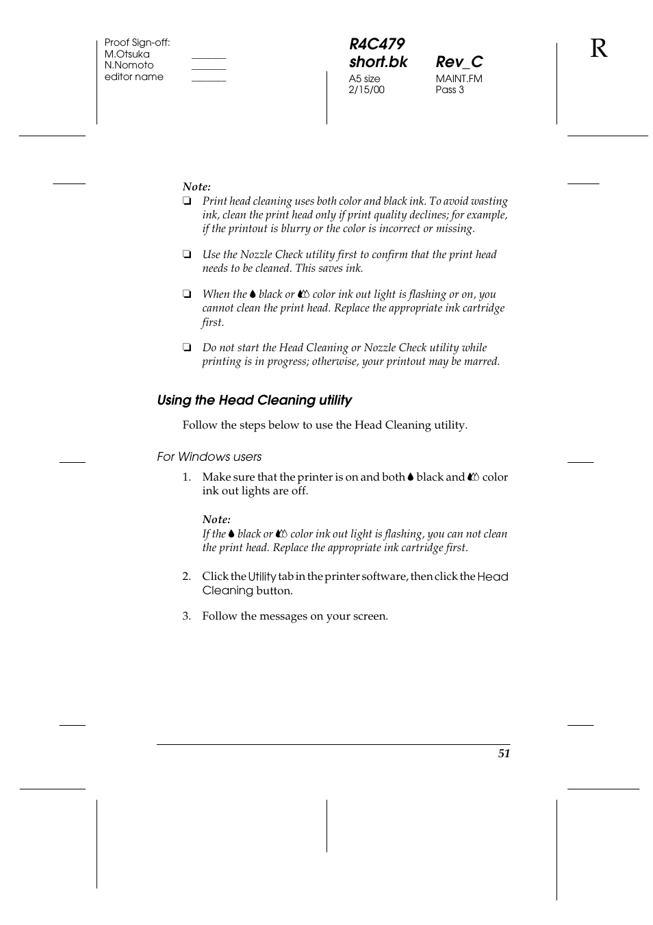 Using the head cleaning utility, For windows users, R4c479 short.bk rev_c | Epson 1270 User Manual | Page 57 / 83