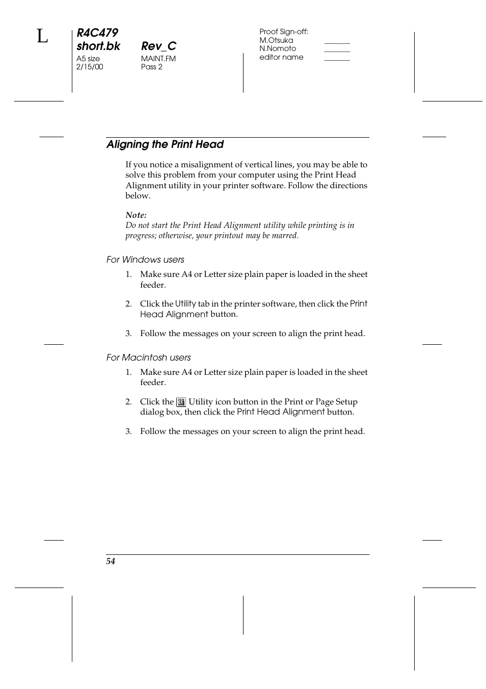 Aligning the print head, For windows users, For macintosh users | R4c479 short.bk rev_c | Epson 1270 User Manual | Page 60 / 83