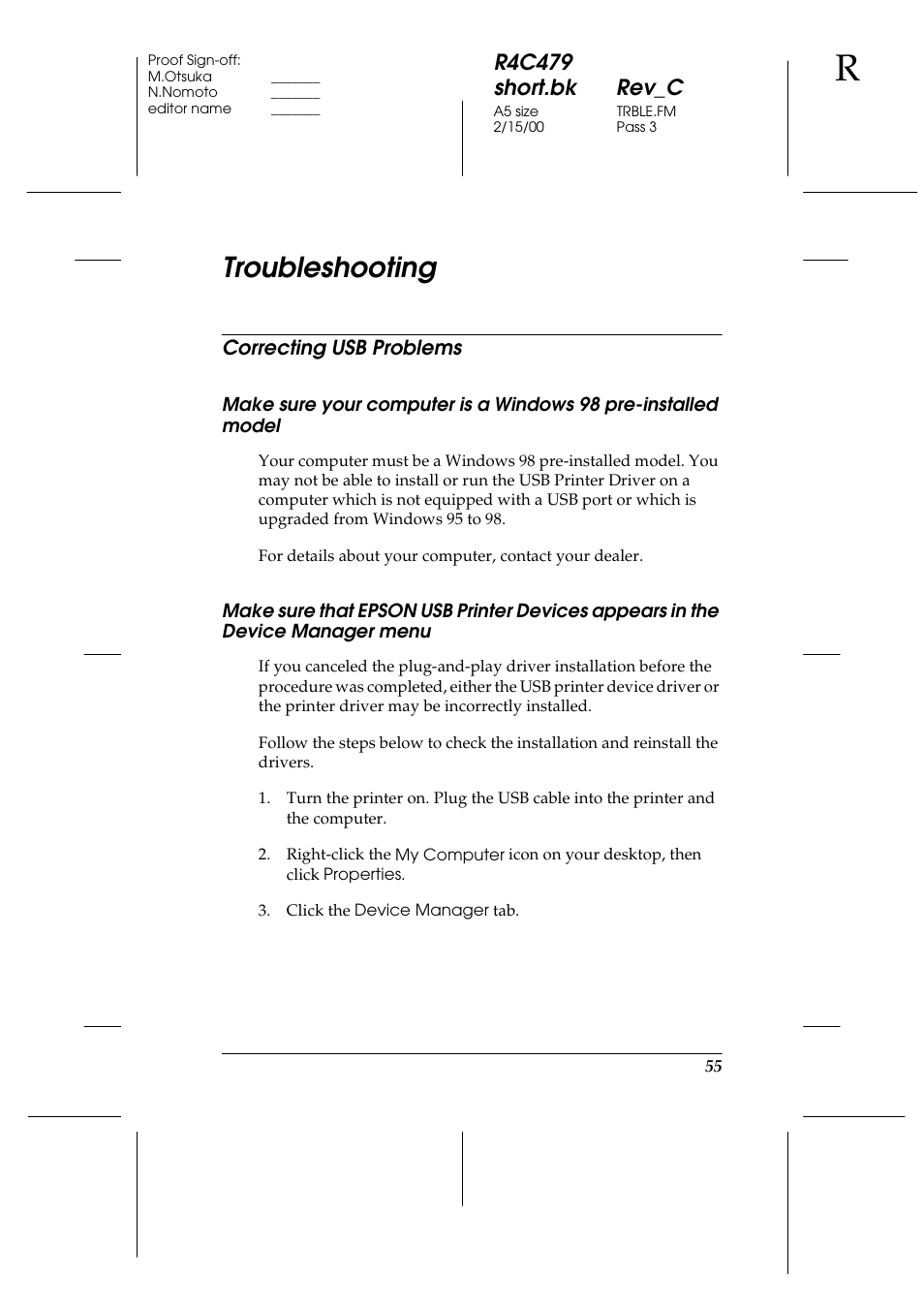 Troubleshooting, Correcting usb problems, R4c479 short.bk rev_c | Epson 1270 User Manual | Page 61 / 83