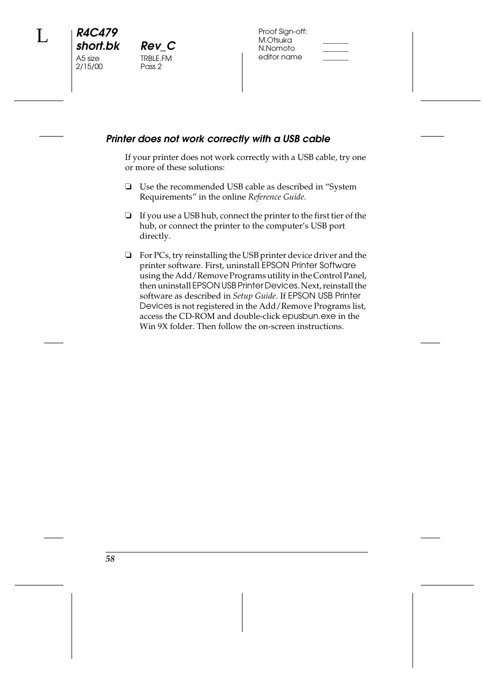 Printer does not work correctly with a usb cable, R4c479 short.bk rev_c | Epson 1270 User Manual | Page 64 / 83