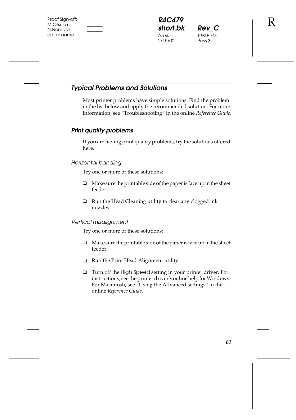 Typical problems and solutions, Print quality problems, Horizontal banding | Vertical misalignment, R4c479 short.bk rev_c | Epson 1270 User Manual | Page 67 / 83