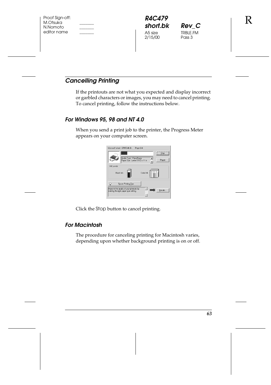 Cancelling printing, For windows 95, 98 and nt 4.0, For macintosh | R4c479 short.bk rev_c | Epson 1270 User Manual | Page 69 / 83