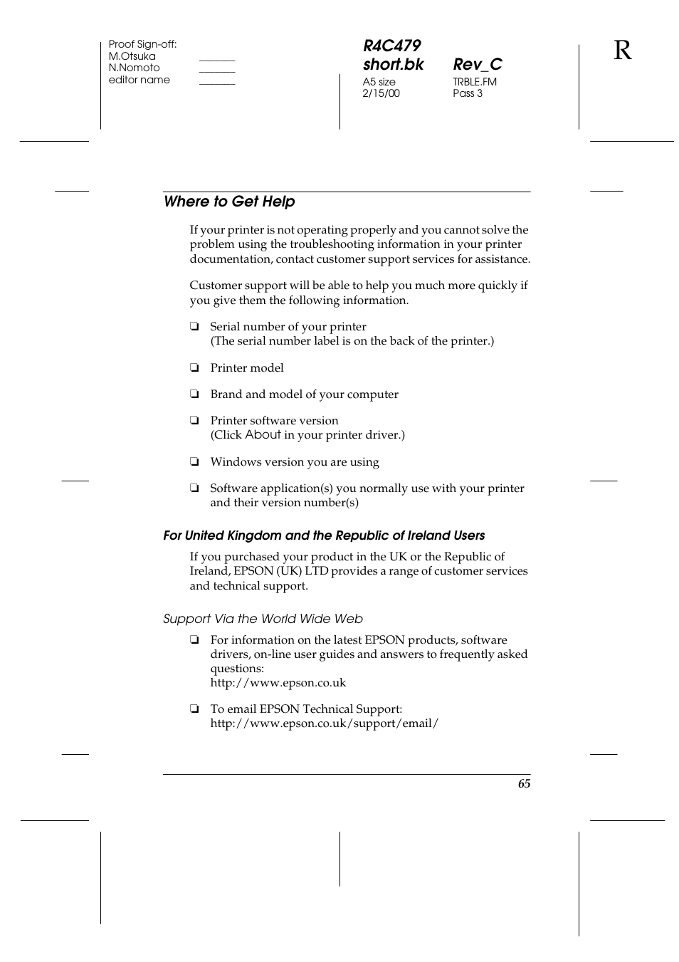 Where to get help, Support via the world wide web, R4c479 short.bk rev_c | Epson 1270 User Manual | Page 71 / 83