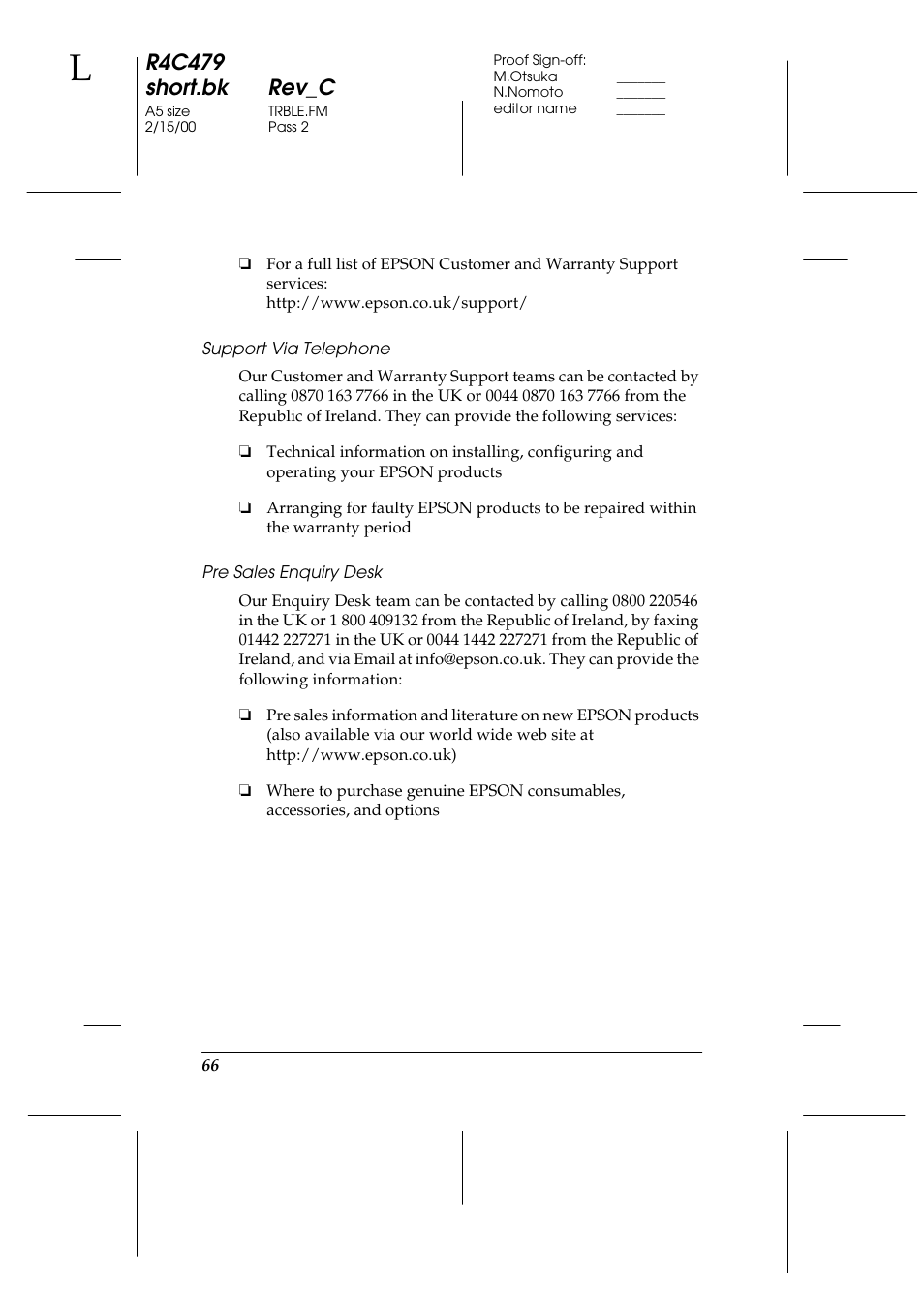 Support via telephone, Pre sales enquiry desk, R4c479 short.bk rev_c | Epson 1270 User Manual | Page 72 / 83