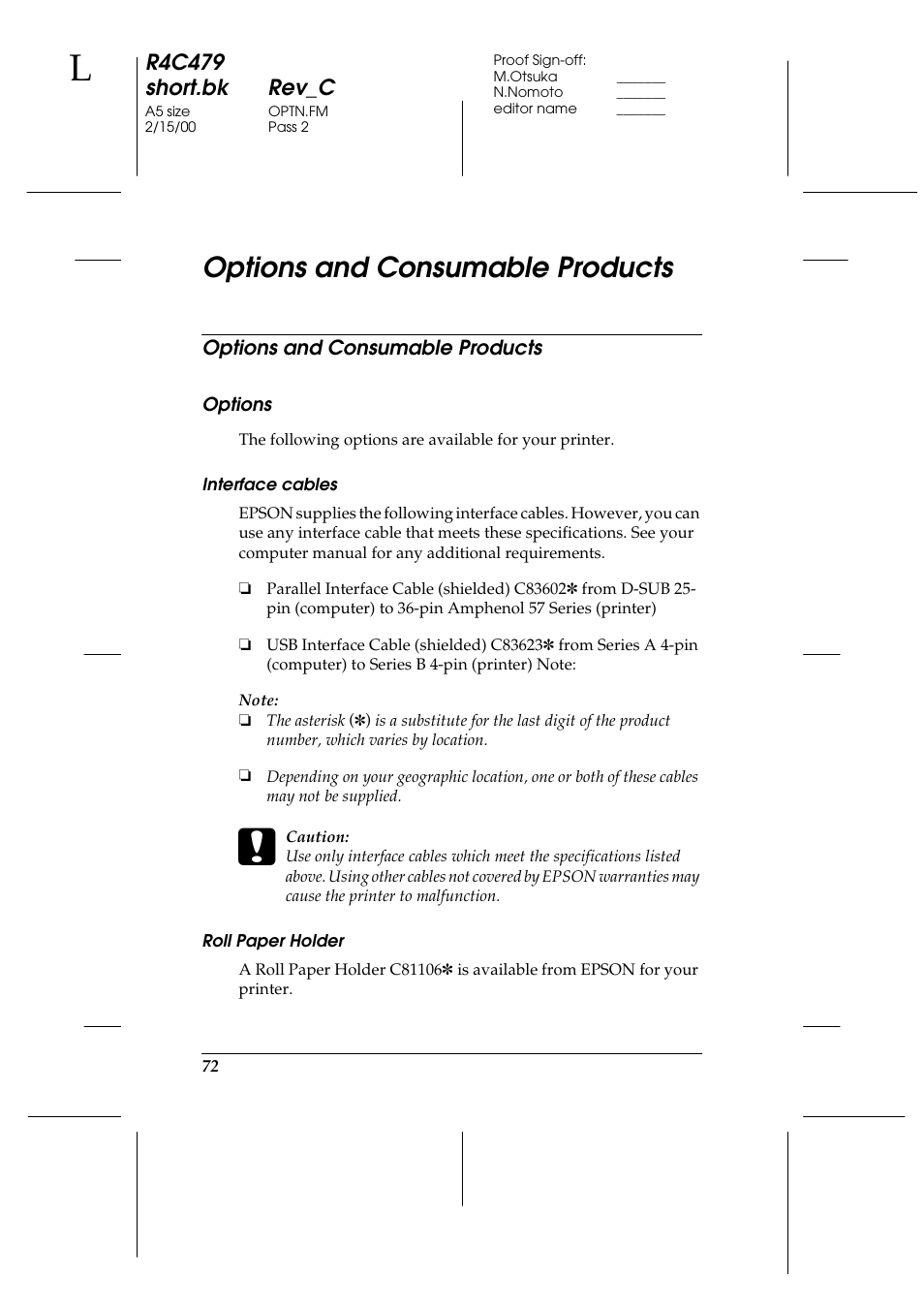 Options and consumable products, Options, Interface cables | Roll paper holder, R4c479 short.bk rev_c | Epson 1270 User Manual | Page 78 / 83