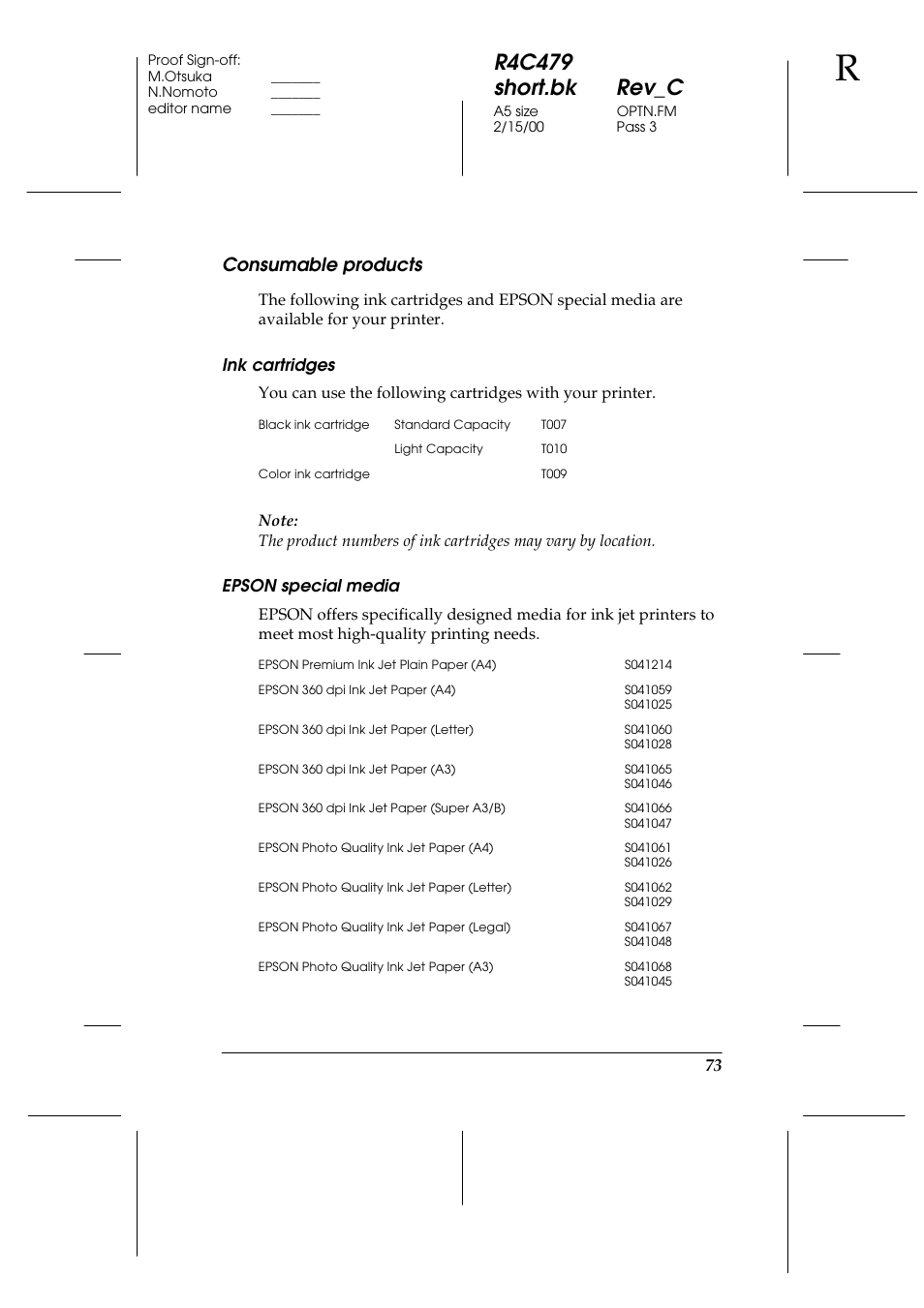 Consumable products, Ink cartridges, Epson special media | R4c479 short.bk rev_c | Epson 1270 User Manual | Page 79 / 83