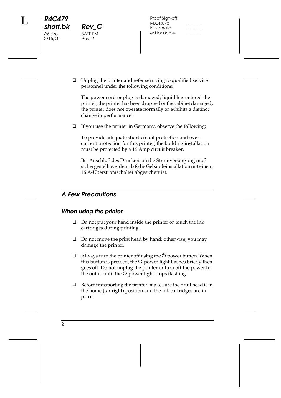 A few precautions, When using the printer, R4c479 short.bk rev_c | Epson 1270 User Manual | Page 8 / 83