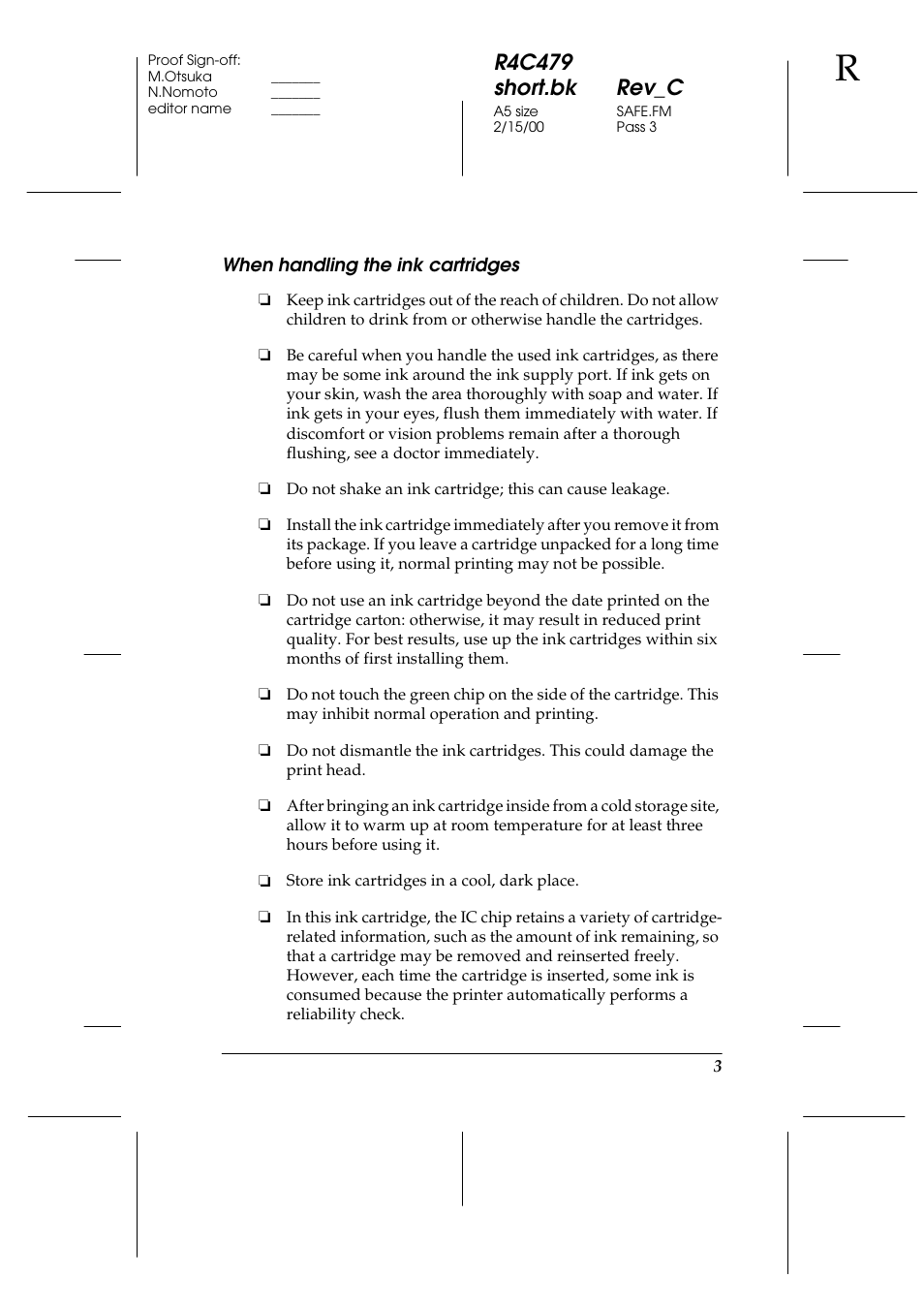 When handling the ink cartridges, R4c479 short.bk rev_c | Epson 1270 User Manual | Page 9 / 83