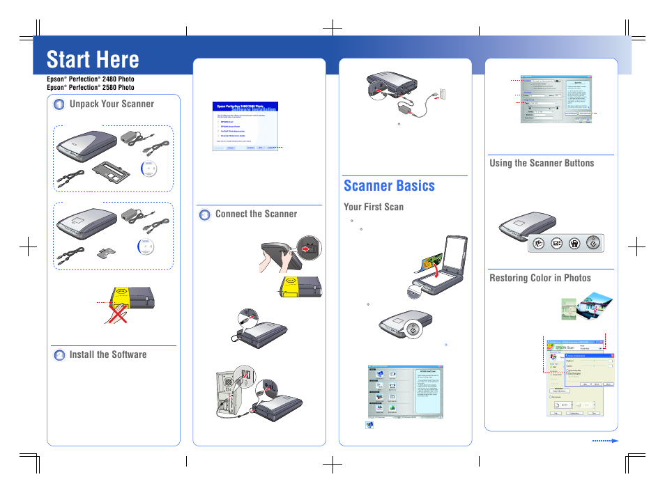 Connect the scanner, Start here, Scanner basics | Unpack your scanner, Install the software, Your first scan, Using the scanner buttons, Restoring color in photos, Turn over | Epson Perfection Photo 2580 User Manual | Page 2 / 8