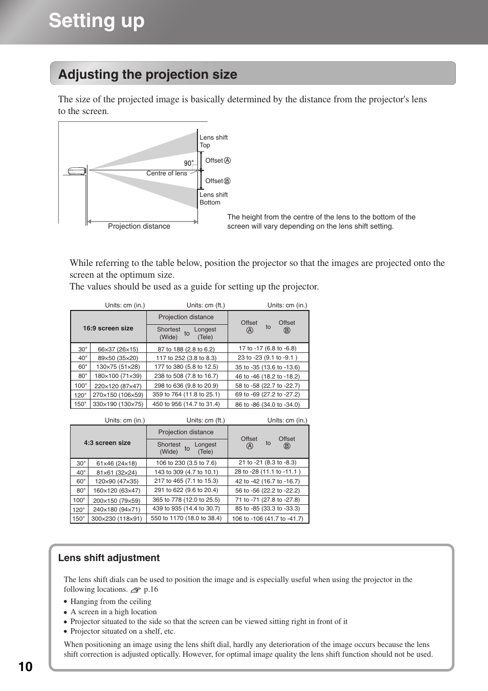 Setting up, Adjusting the projection size | Epson Dreamio EMP-TW1000 U User Manual | Page 12 / 64