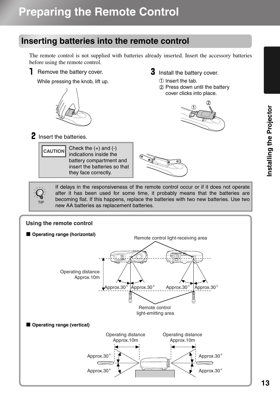 Preparing the remote control, Inserting batteries into the remote control, P.13 | Install ing the pr ojector | Epson Dreamio EMP-TW1000 U User Manual | Page 15 / 64