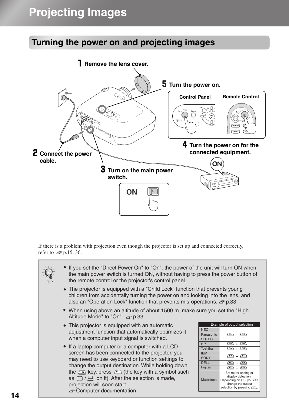 Projecting images, Turning the power on and projecting images, P.14 | Epson Dreamio EMP-TW1000 U User Manual | Page 16 / 64
