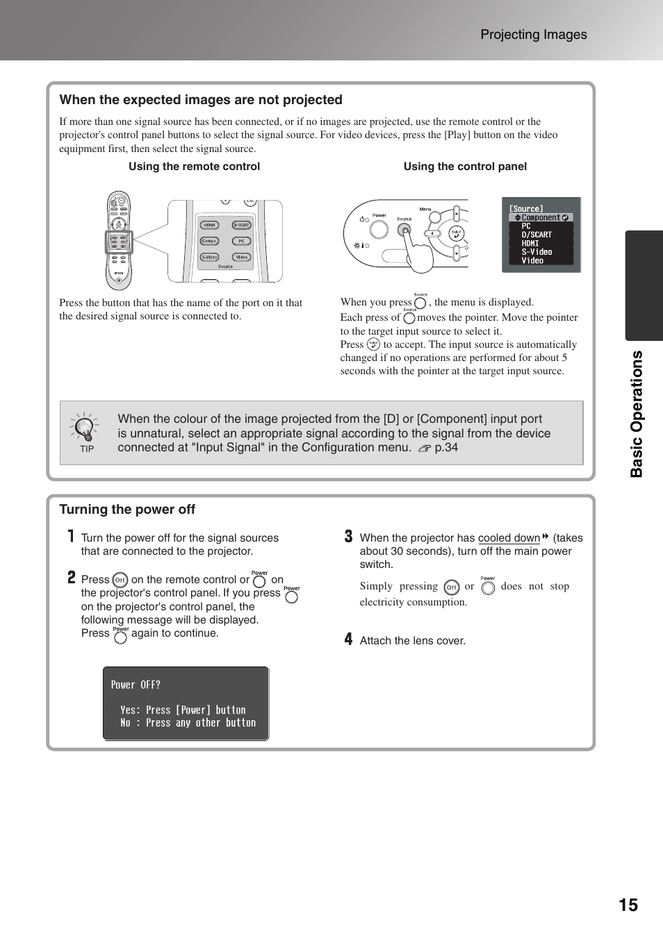 When the expected images are not projected, Turning the power off, P.15 | Basic operations | Epson Dreamio EMP-TW1000 U User Manual | Page 17 / 64