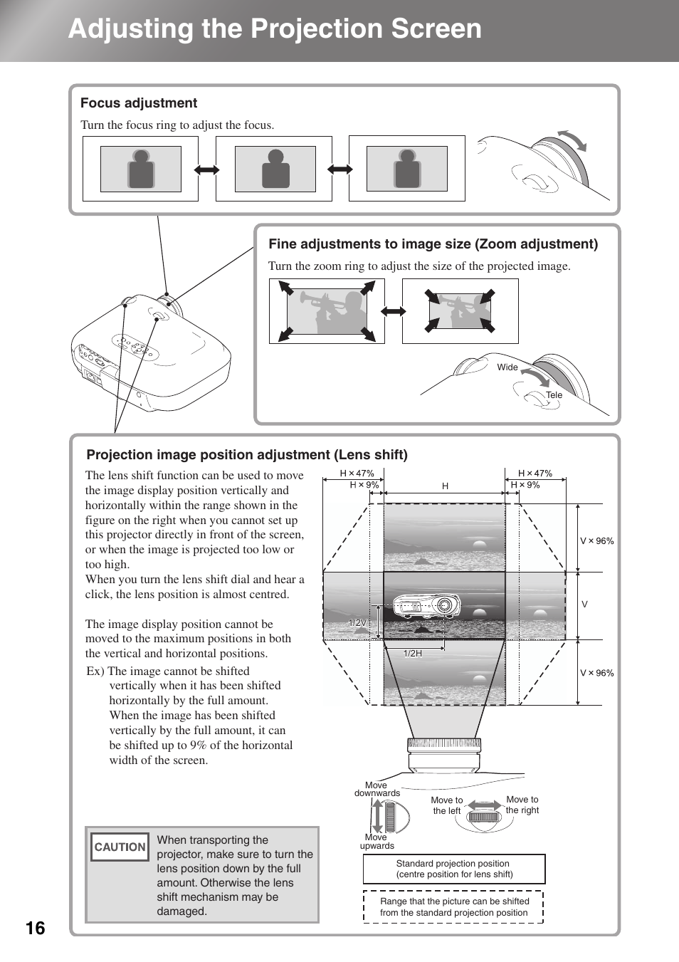 Adjusting the projection screen, Focus adjustment, Fine adjustments to image size (zoom adjustment) | Projection image position adjustment (lens shift), P.16 | Epson Dreamio EMP-TW1000 U User Manual | Page 18 / 64