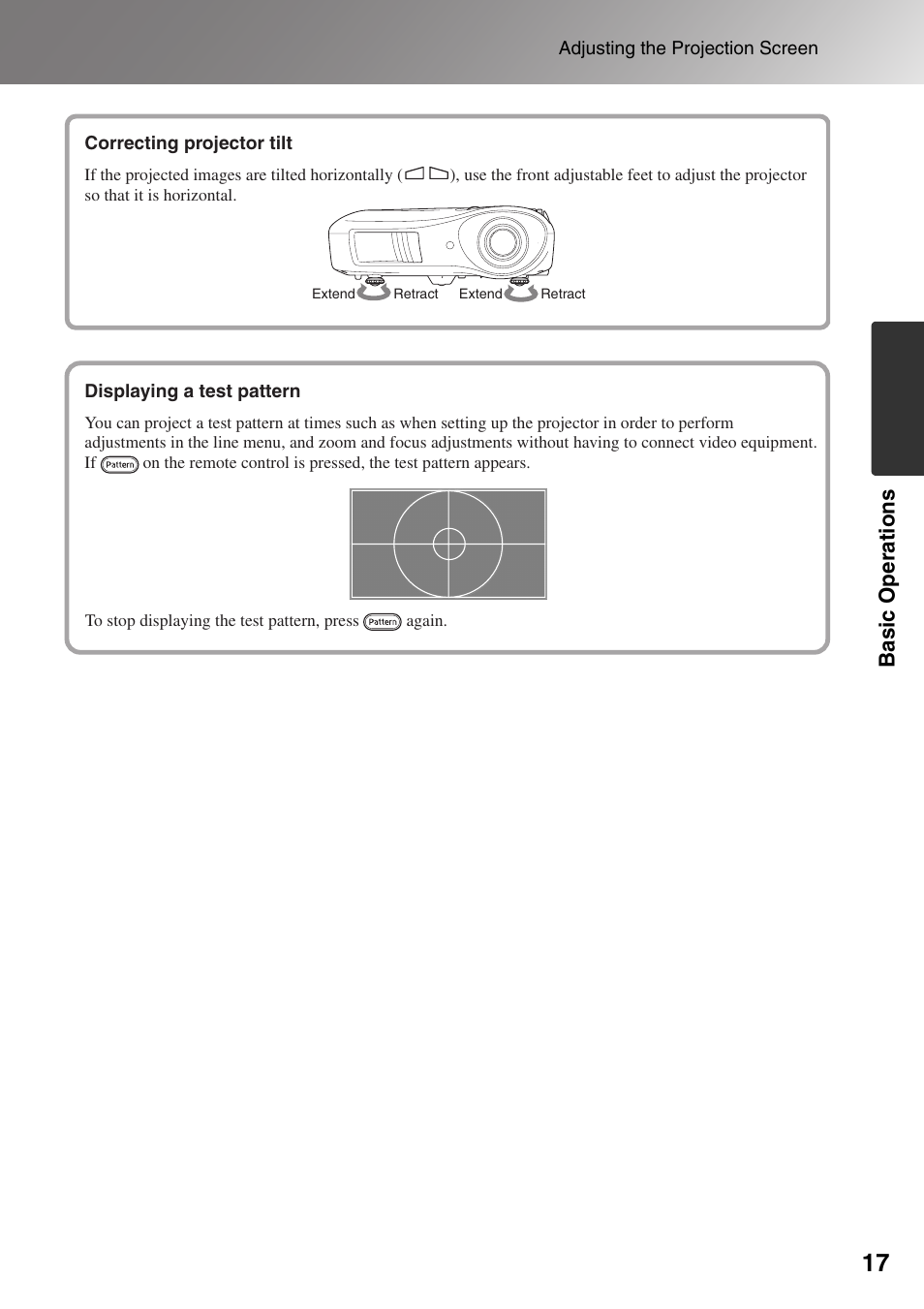 Correcting projector tilt, Displaying a test pattern, P.17 | Basic operations | Epson Dreamio EMP-TW1000 U User Manual | Page 19 / 64