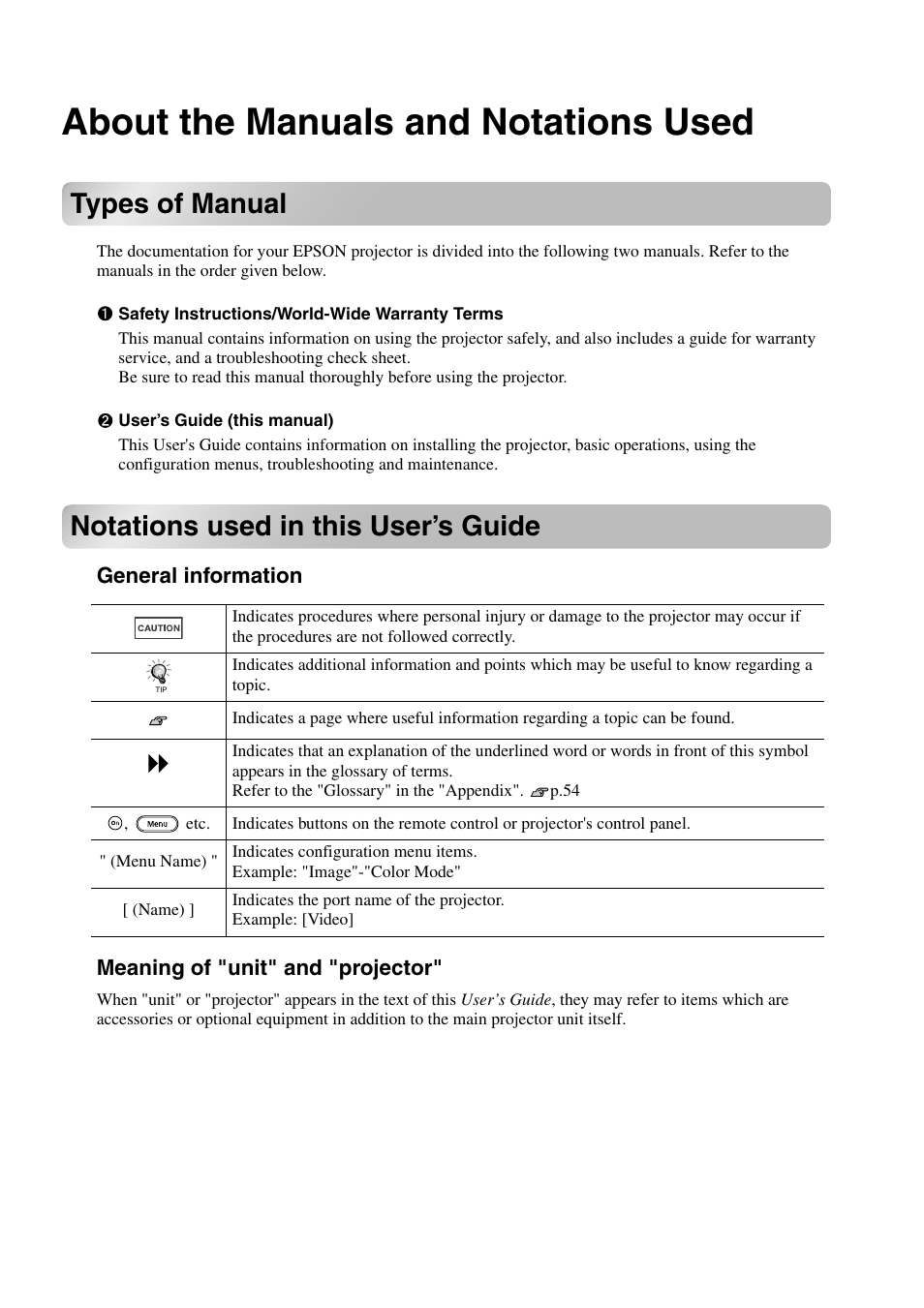 About the manuals and notations used, Types of manual, Notations used in this user’s guide | Epson Dreamio EMP-TW1000 U User Manual | Page 2 / 64