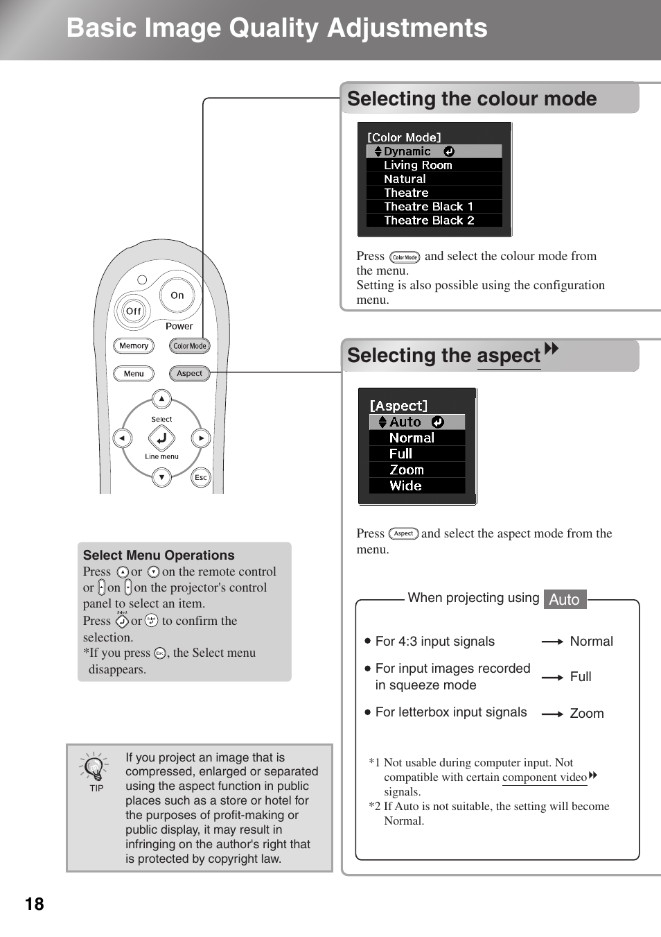 Basic image quality adjustments, Selecting the colour mode, Selecting the aspect | P.18, P.18, 24, Selecting the colour mode selecting the aspect | Epson Dreamio EMP-TW1000 U User Manual | Page 20 / 64