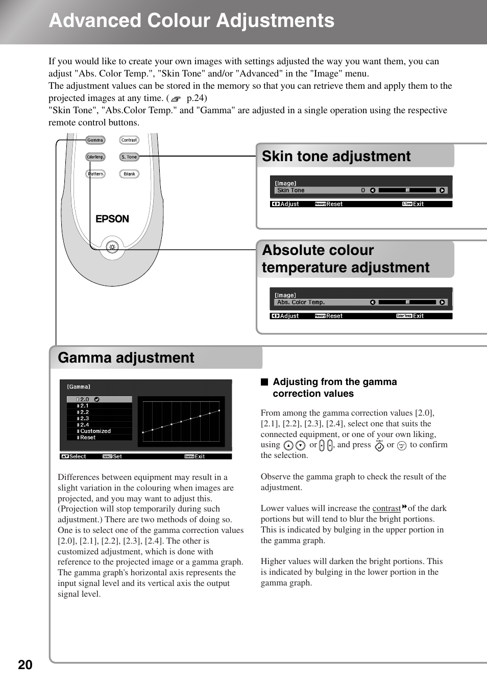 Advanced colour adjustments, Skin tone adjustment, Absolute colour temperature adjustment | Gamma adjustment, P.20 | Epson Dreamio EMP-TW1000 U User Manual | Page 22 / 64