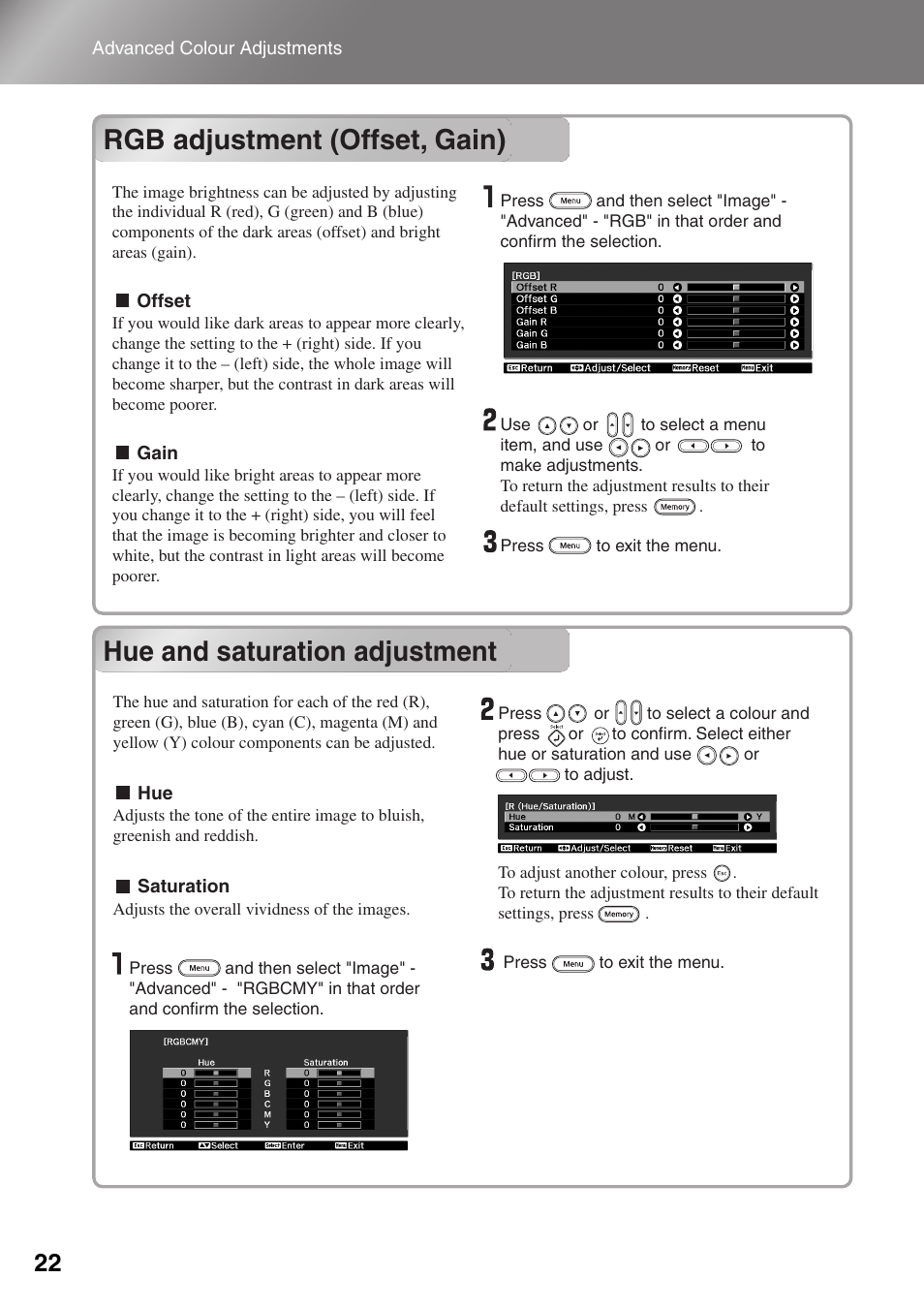 Rgb adjustment (offset, gain), Hue and saturation adjustment | Epson Dreamio EMP-TW1000 U User Manual | Page 24 / 64