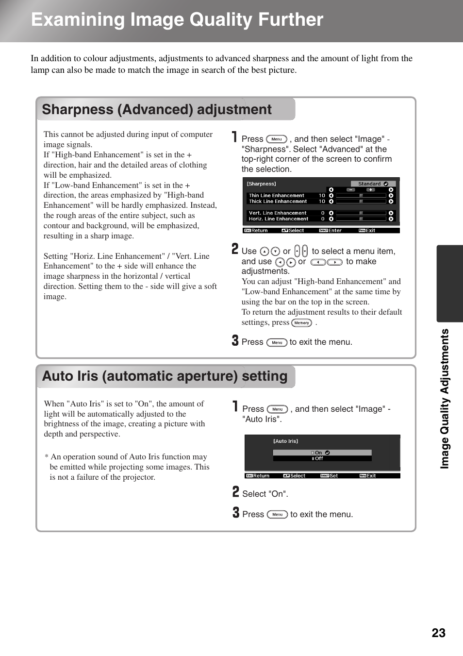 Examining image quality further, Sharpness (advanced) adjustment, Auto iris (automatic aperture) setting | Epson Dreamio EMP-TW1000 U User Manual | Page 25 / 64