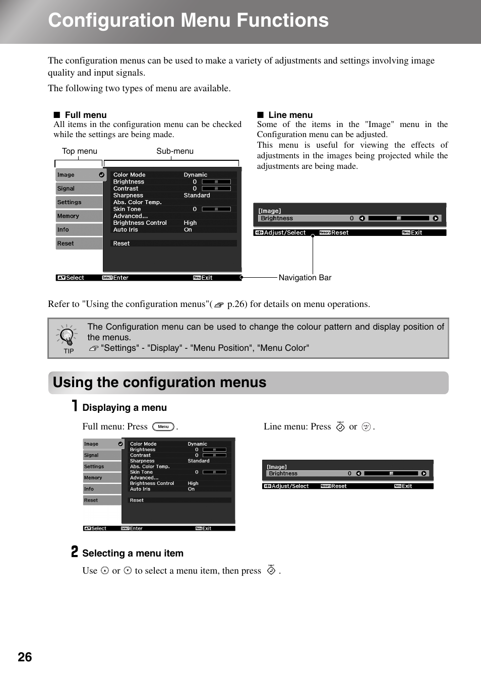 Configuration menu functions, Using the configuration menus, P.26 | Epson Dreamio EMP-TW1000 U User Manual | Page 28 / 64