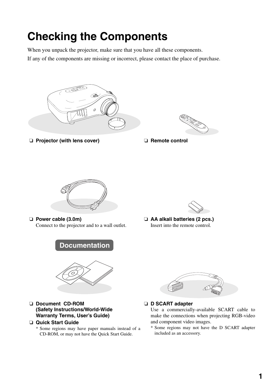 Checking the components, Documentation | Epson Dreamio EMP-TW1000 U User Manual | Page 3 / 64