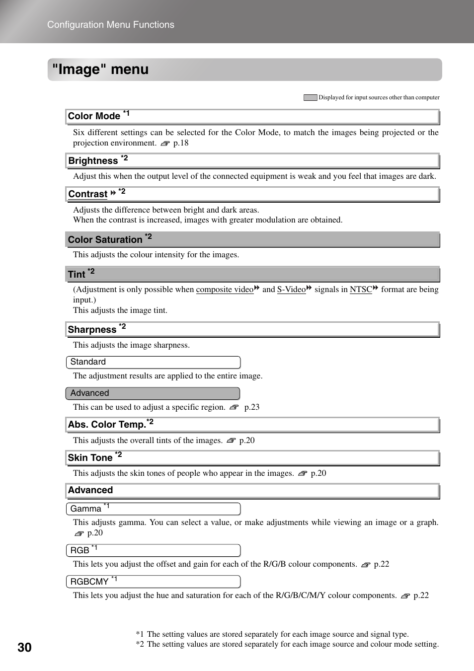 Image" menu, P.30 | Epson Dreamio EMP-TW1000 U User Manual | Page 32 / 64