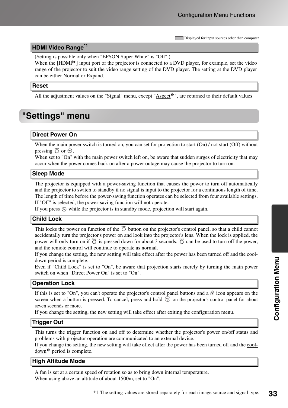 Settings" menu, Configuration men u | Epson Dreamio EMP-TW1000 U User Manual | Page 35 / 64