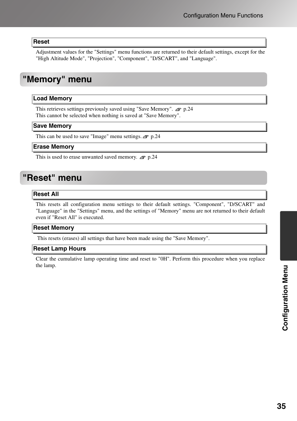Memory" menu, Reset" menu | Epson Dreamio EMP-TW1000 U User Manual | Page 37 / 64