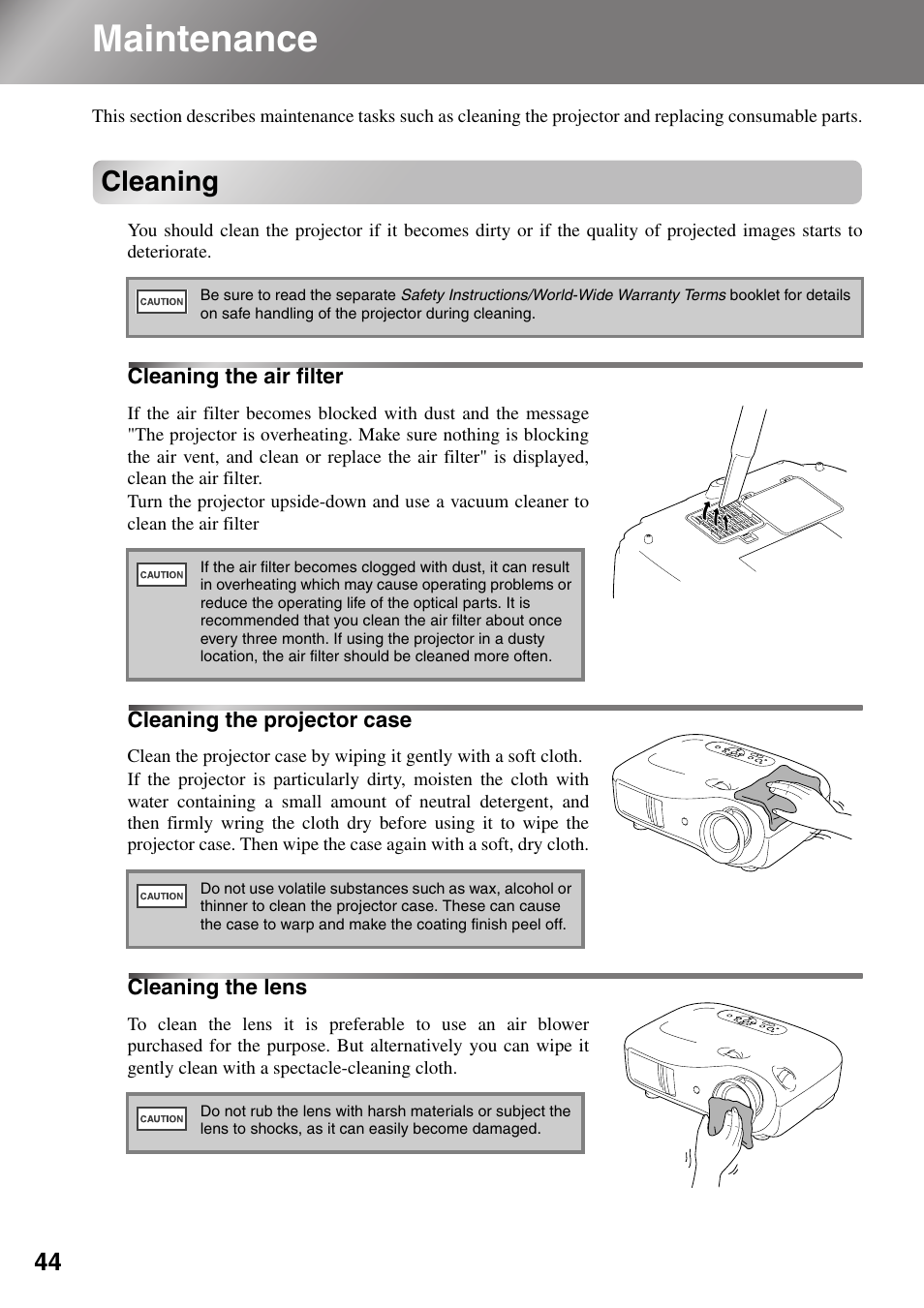 Maintenance, Cleaning, Cleaning the air filter | Cleaning the projector case, Cleaning the lens, P.44, 46, P.44 | Epson Dreamio EMP-TW1000 U User Manual | Page 46 / 64