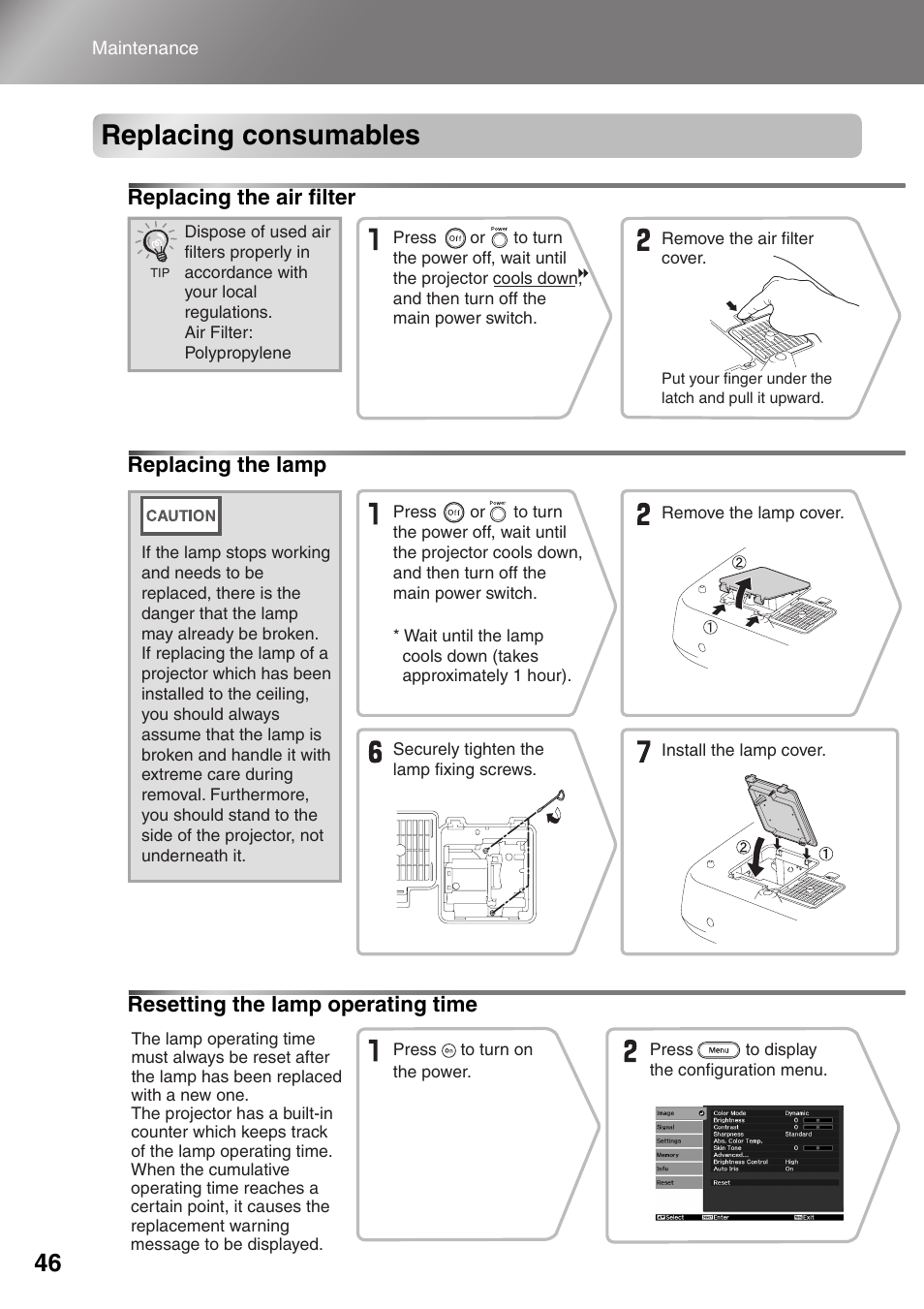 Replacing consumables, Replacing the air filter, Replacing the lamp | Resetting the lamp operating time, P.46 | Epson Dreamio EMP-TW1000 U User Manual | Page 48 / 64