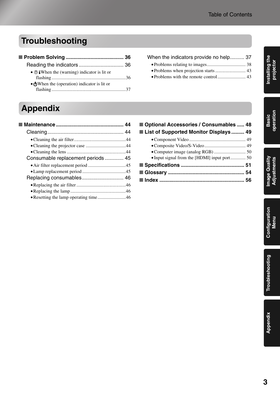 Troubleshooting, Appendix | Epson Dreamio EMP-TW1000 U User Manual | Page 5 / 64