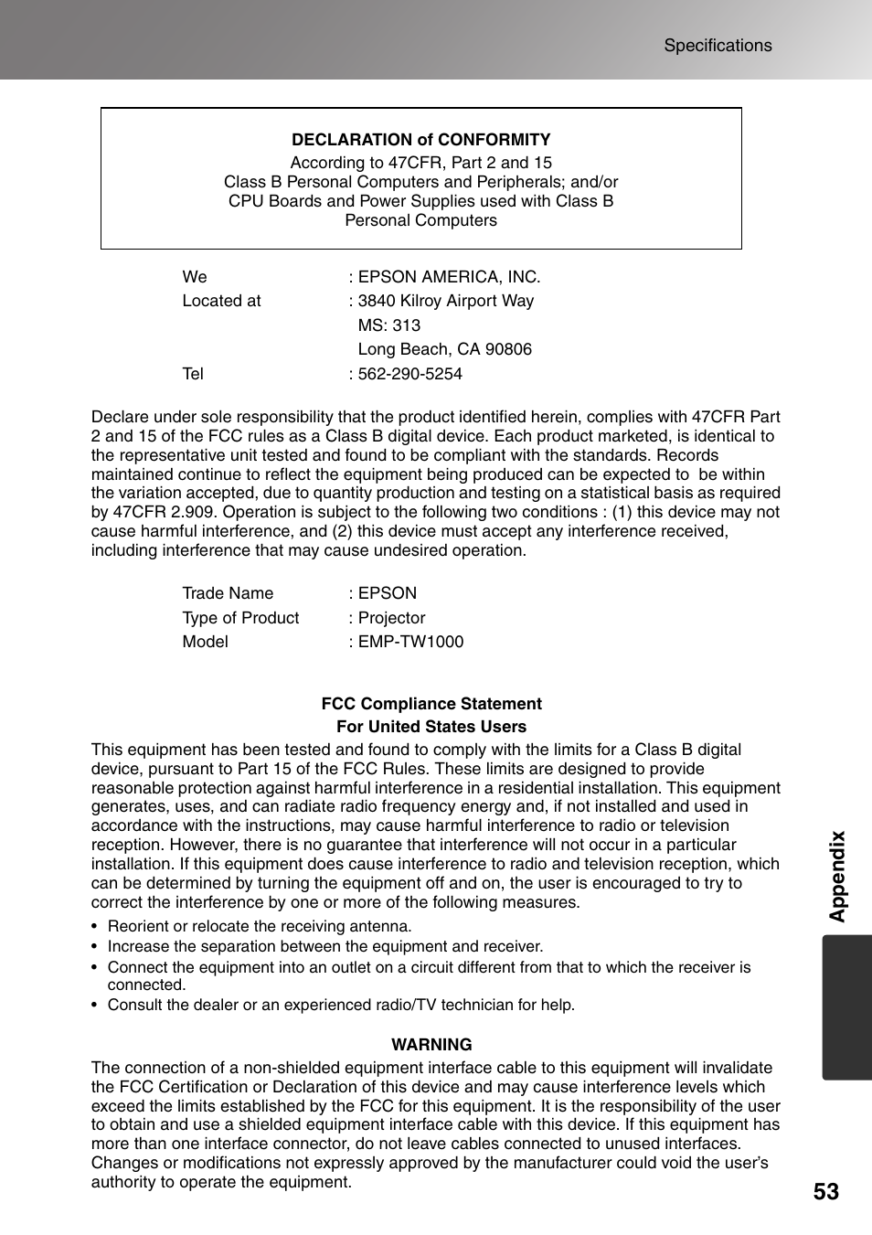 Appendix | Epson Dreamio EMP-TW1000 U User Manual | Page 55 / 64