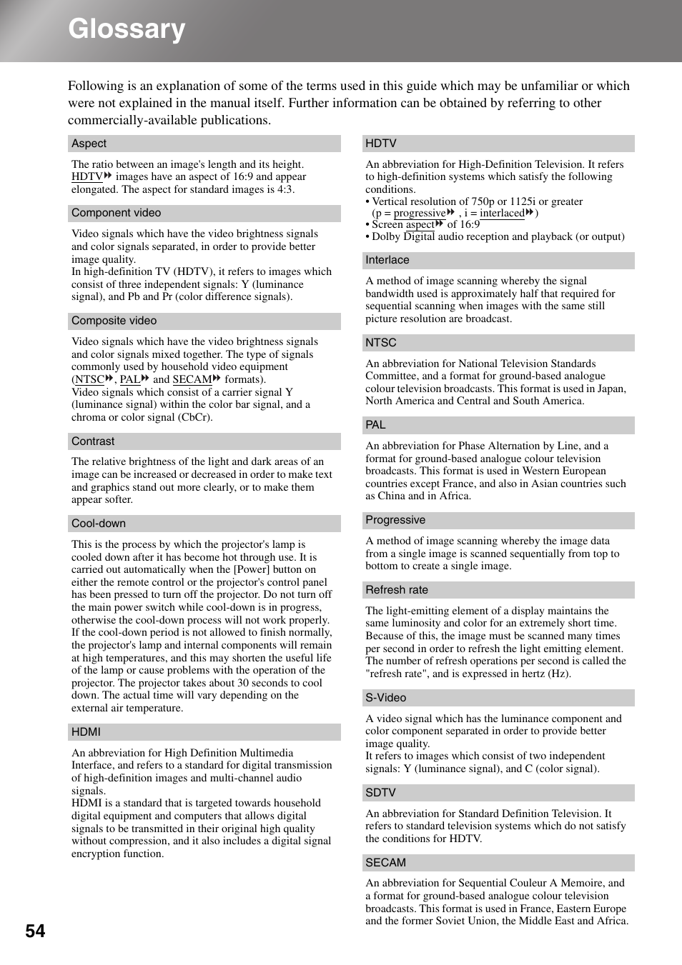 Glossary | Epson Dreamio EMP-TW1000 U User Manual | Page 56 / 64