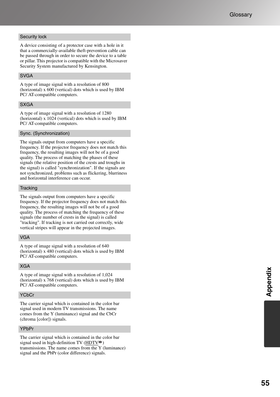 P.55, Appendix | Epson Dreamio EMP-TW1000 U User Manual | Page 57 / 64