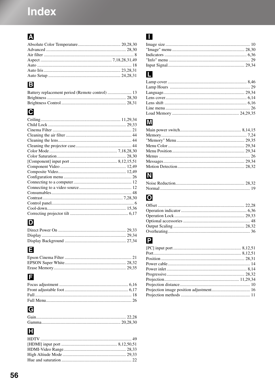 Index | Epson Dreamio EMP-TW1000 U User Manual | Page 58 / 64