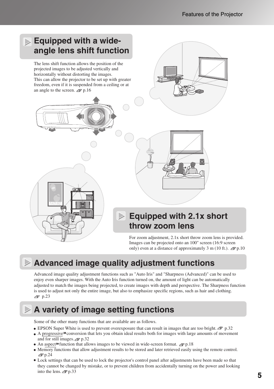 Equipped with a wide- angle lens shift function, Equipped with 2.1x short throw zoom lens | Epson Dreamio EMP-TW1000 U User Manual | Page 7 / 64