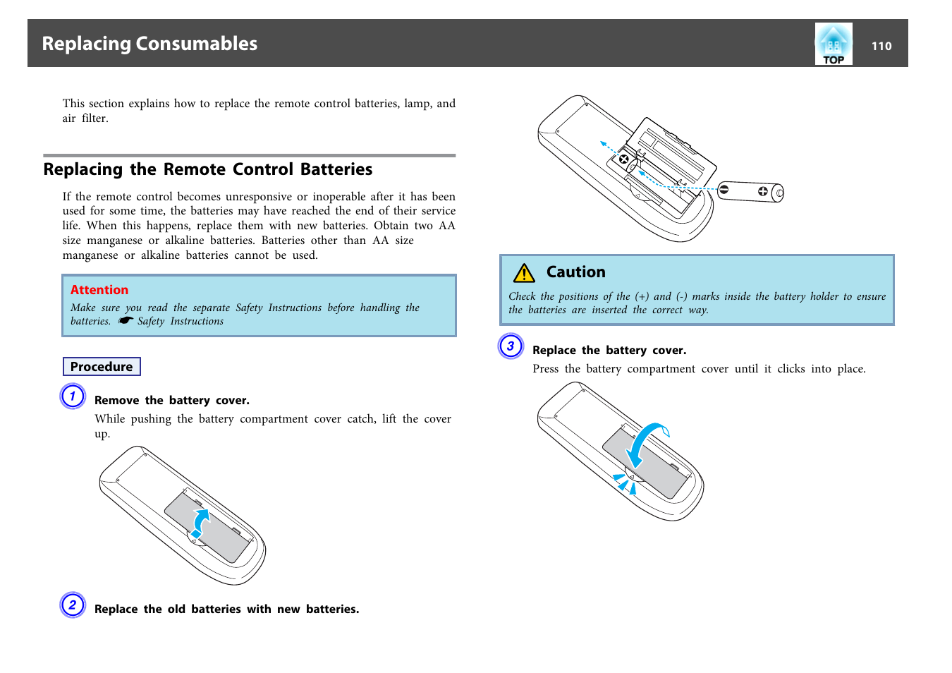 Replacing consumables, Replacing the remote control batteries, P.110 | Epson EB-440W User Manual | Page 110 / 153