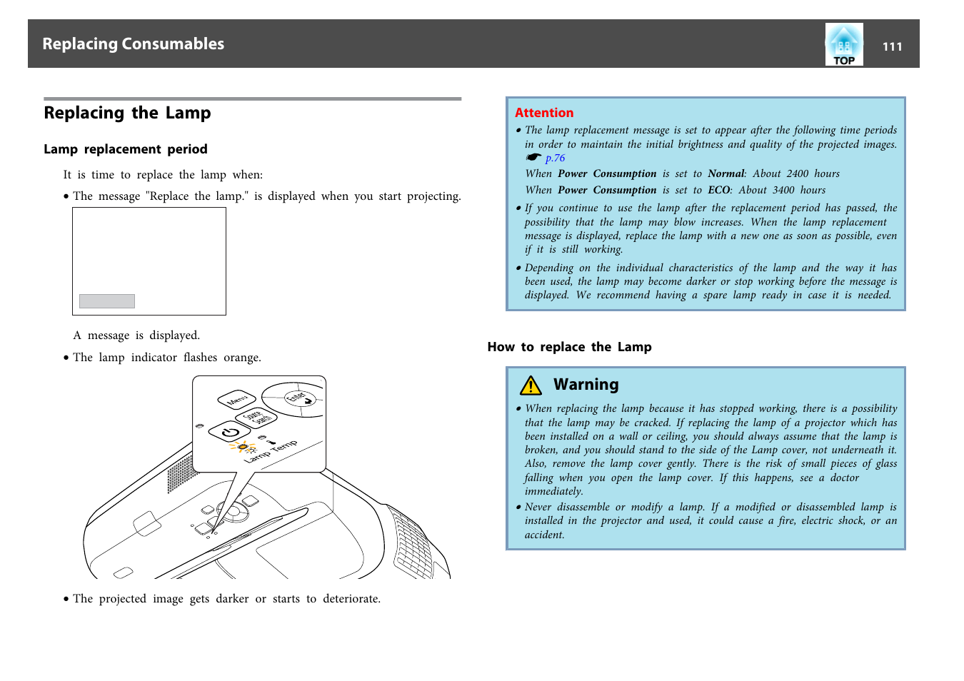 Replacing the lamp, Lamp replacement period, How to replace the lamp | Lamp replacement period how to replace the lamp, P.111, Warning, Replacing consumables | Epson EB-440W User Manual | Page 111 / 153