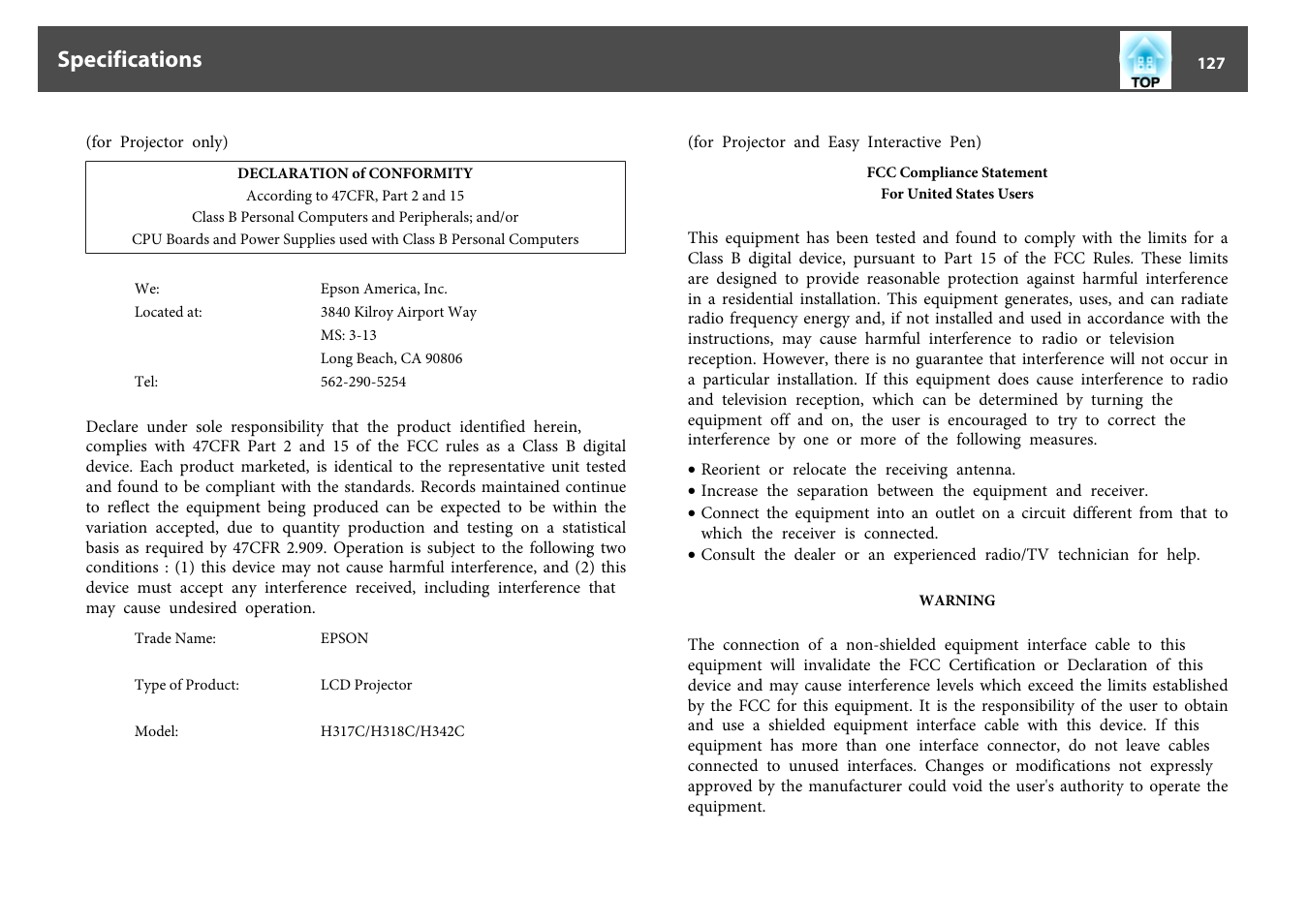 Specifications | Epson EB-440W User Manual | Page 127 / 153