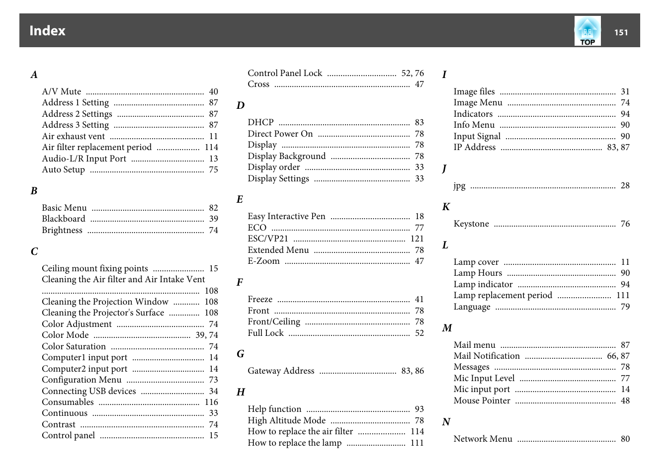 Index | Epson EB-440W User Manual | Page 151 / 153