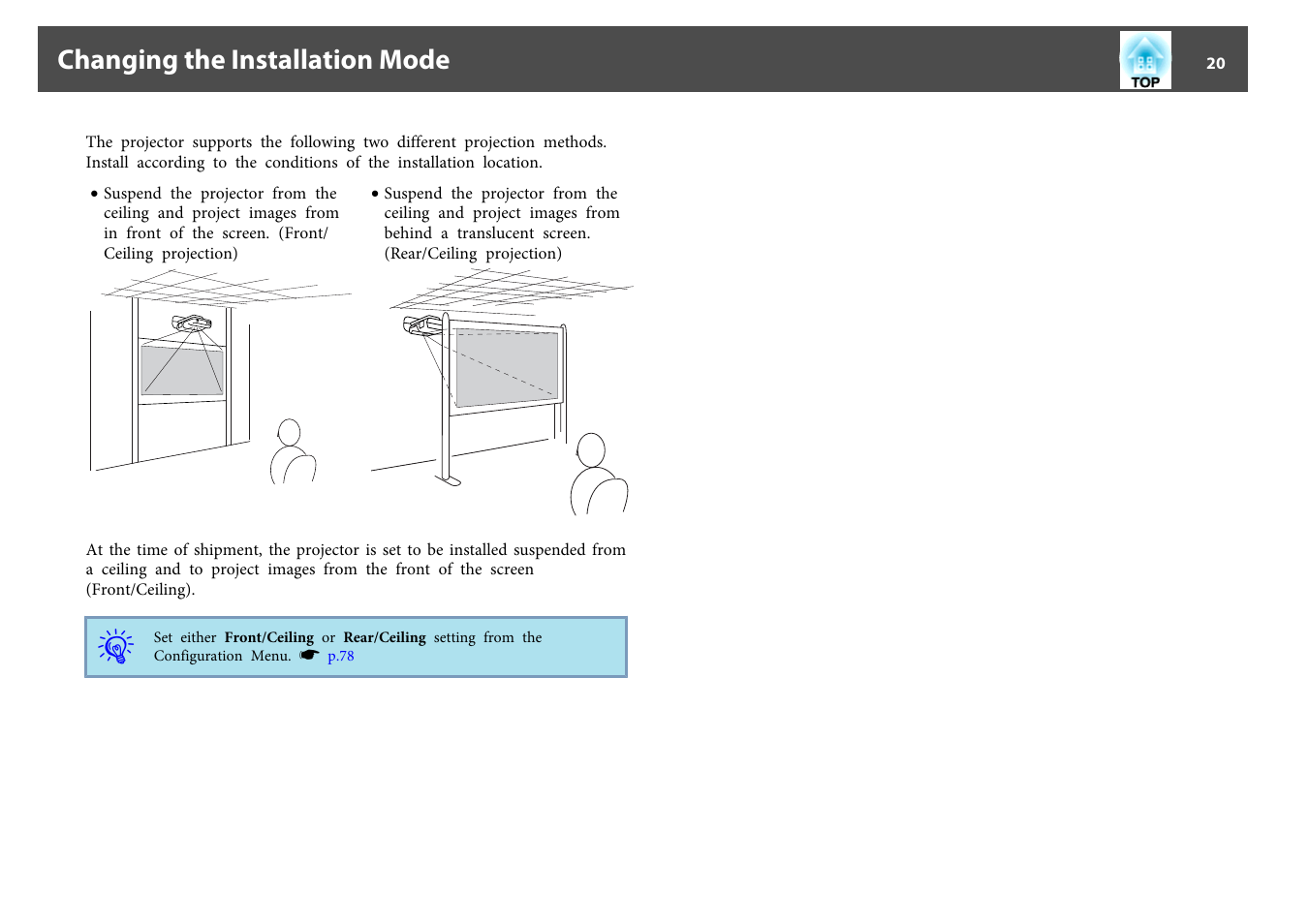 Changing the installation mode | Epson EB-440W User Manual | Page 20 / 153