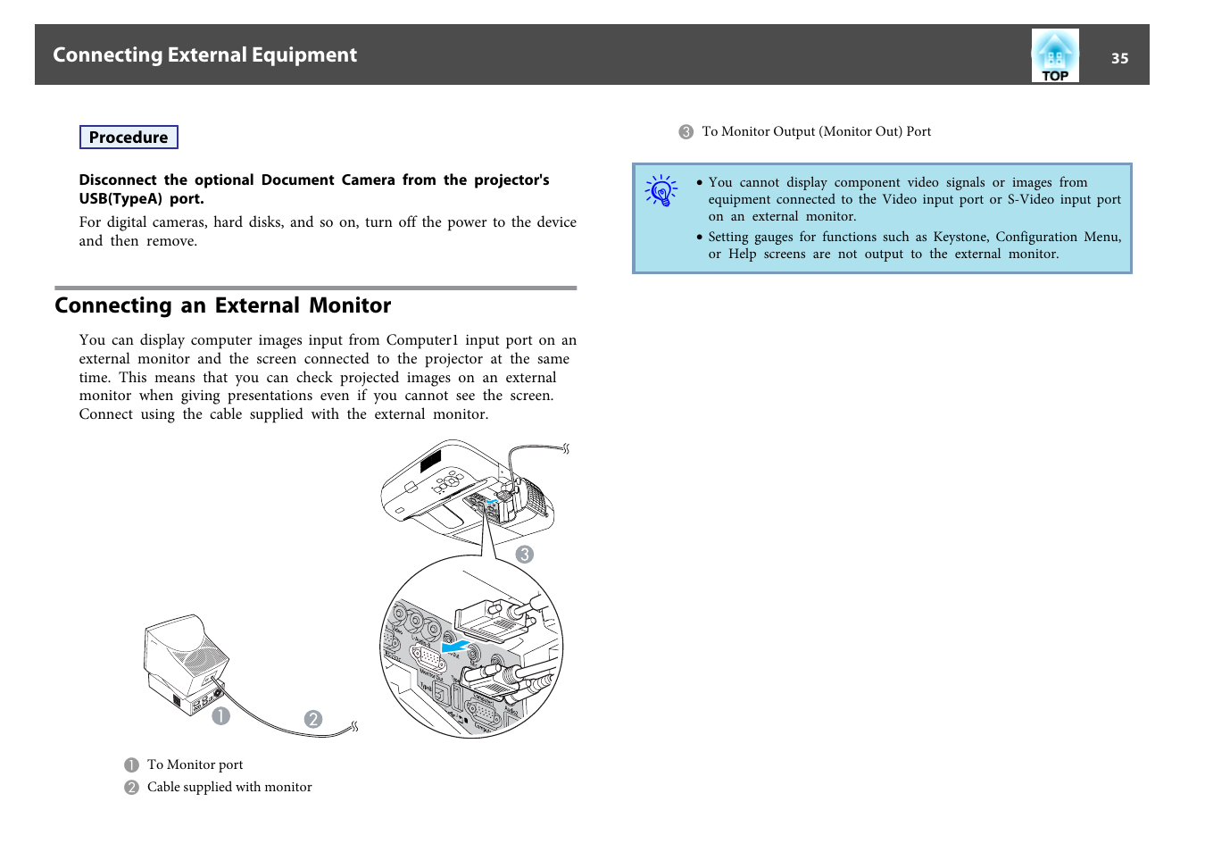 Connecting an external monitor, P.35 | Epson EB-440W User Manual | Page 35 / 153