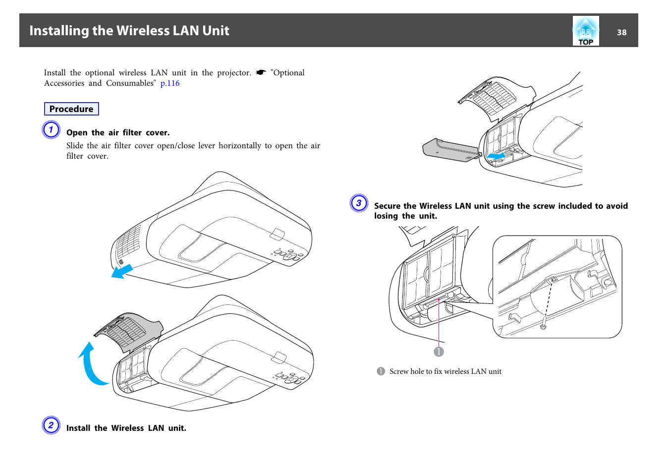 Installing the wireless lan unit, P.38 | Epson EB-440W User Manual | Page 38 / 153