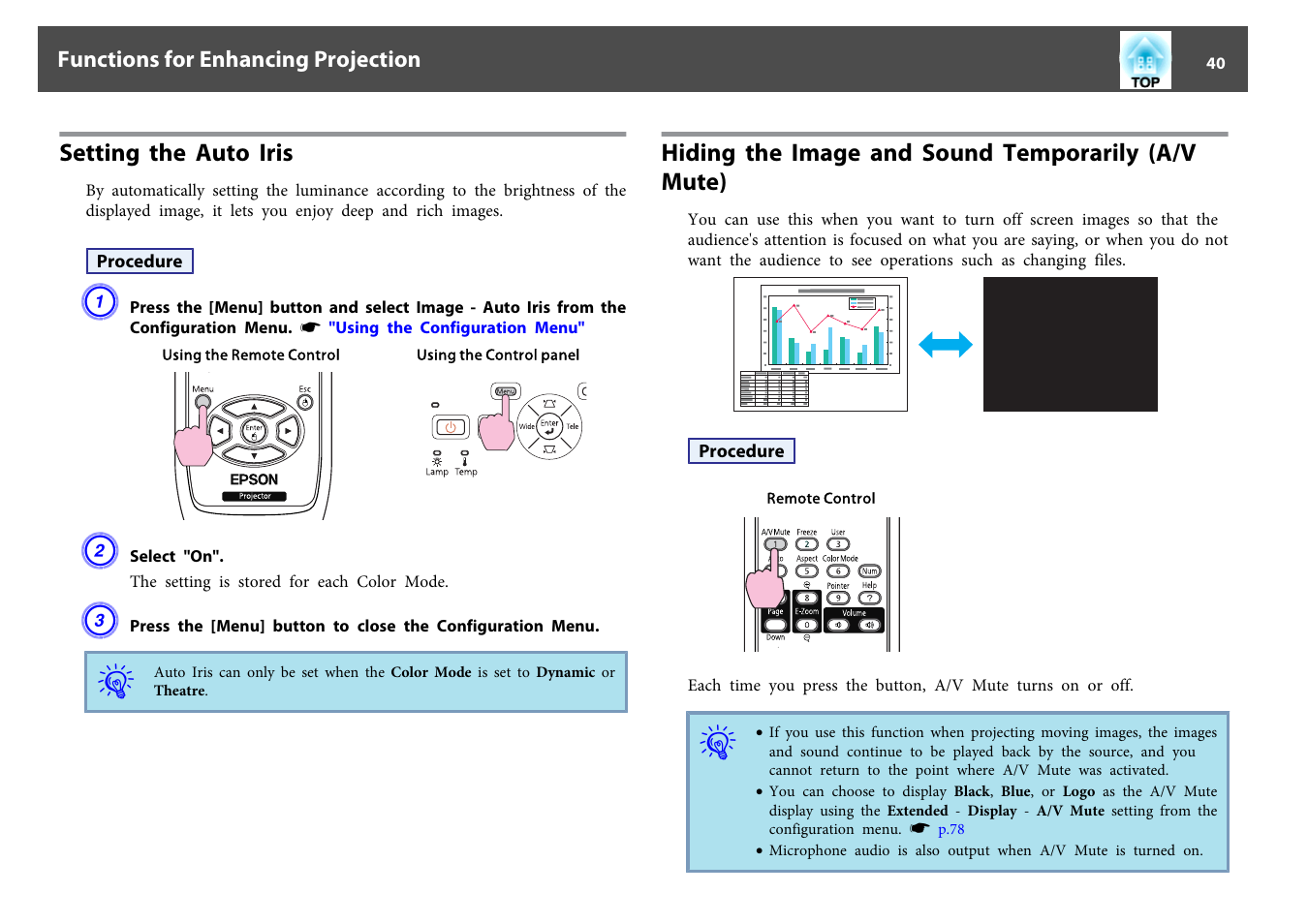 Setting the auto iris, P.40 | Epson EB-440W User Manual | Page 40 / 153