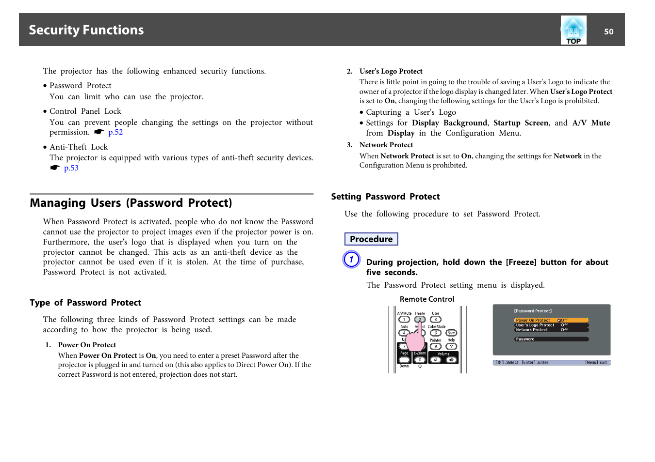 Security functions, Managing users (password protect), Type of password protect | Setting password protect, Type of password protect setting password protect, P.50 | Epson EB-440W User Manual | Page 50 / 153